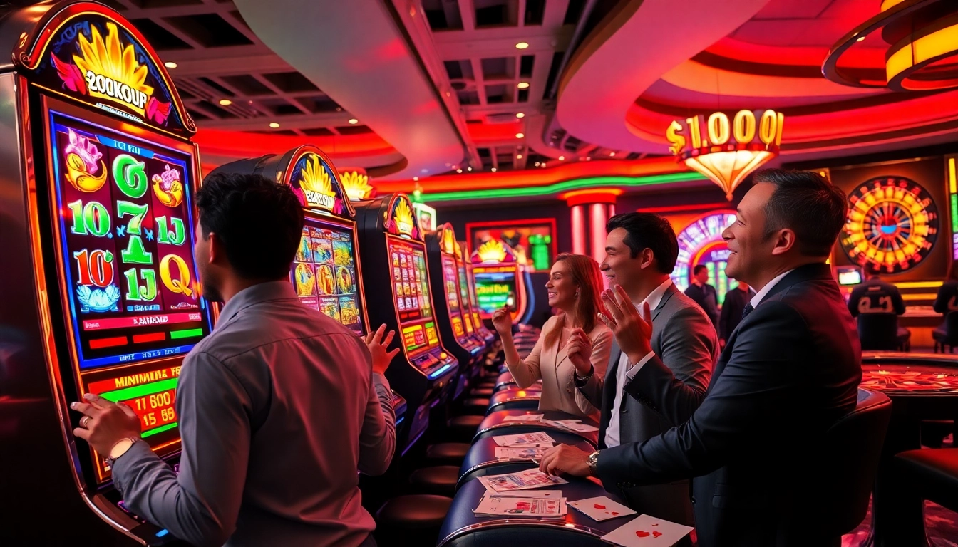 Pemain yang antusias menang di mesin slot deposit 1K dalam suasana kasino yang hidup.
