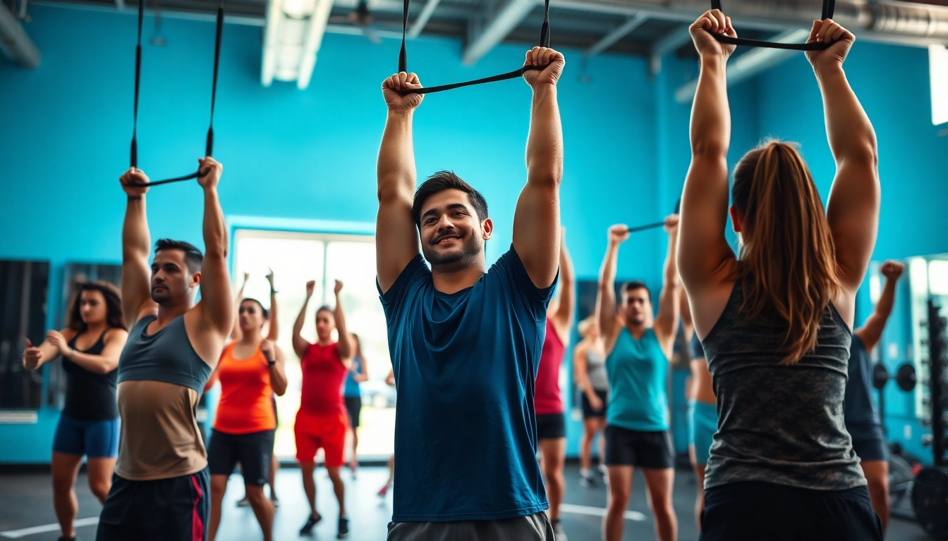 Dynamic group workout showcasing pull-up assist bands in action for strength training.