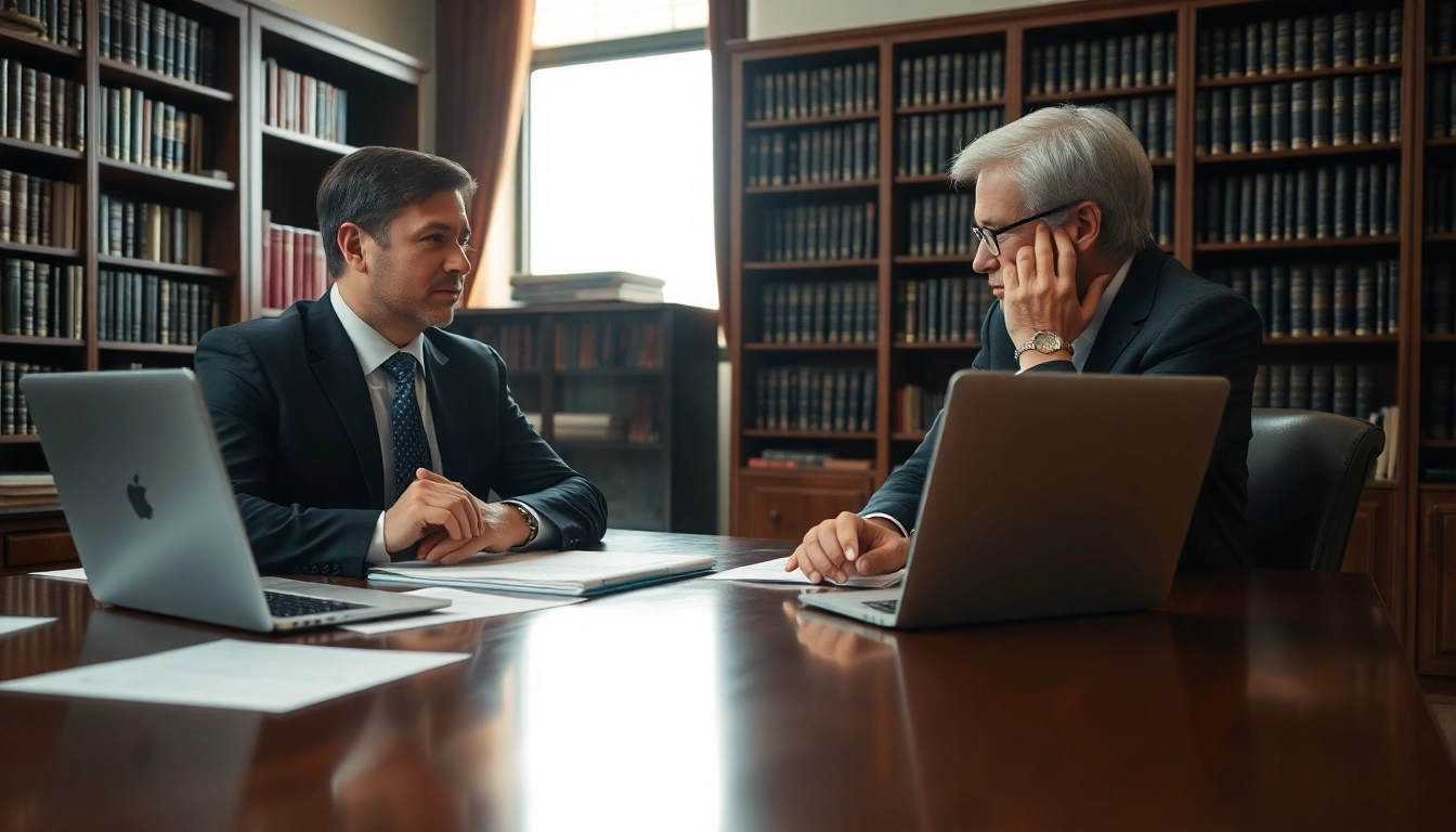 Eminent domain lawyer consulting a client in a professional office setting with legal documents.