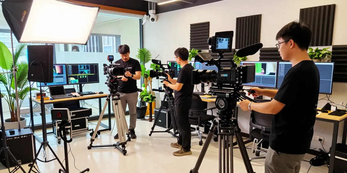 Videography services in Sg showcased by a collaborative professional team in a modern studio setting.