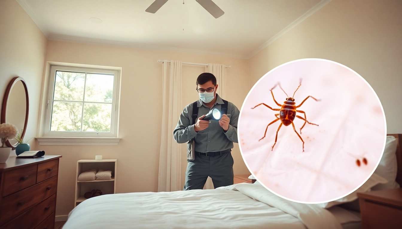 Inspecting bed bug control signs in a clean bedroom environment.