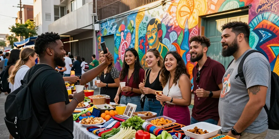 Grupo de amigos disfrutando de la experiencia de mi etb en un mercado urbano vibrante.