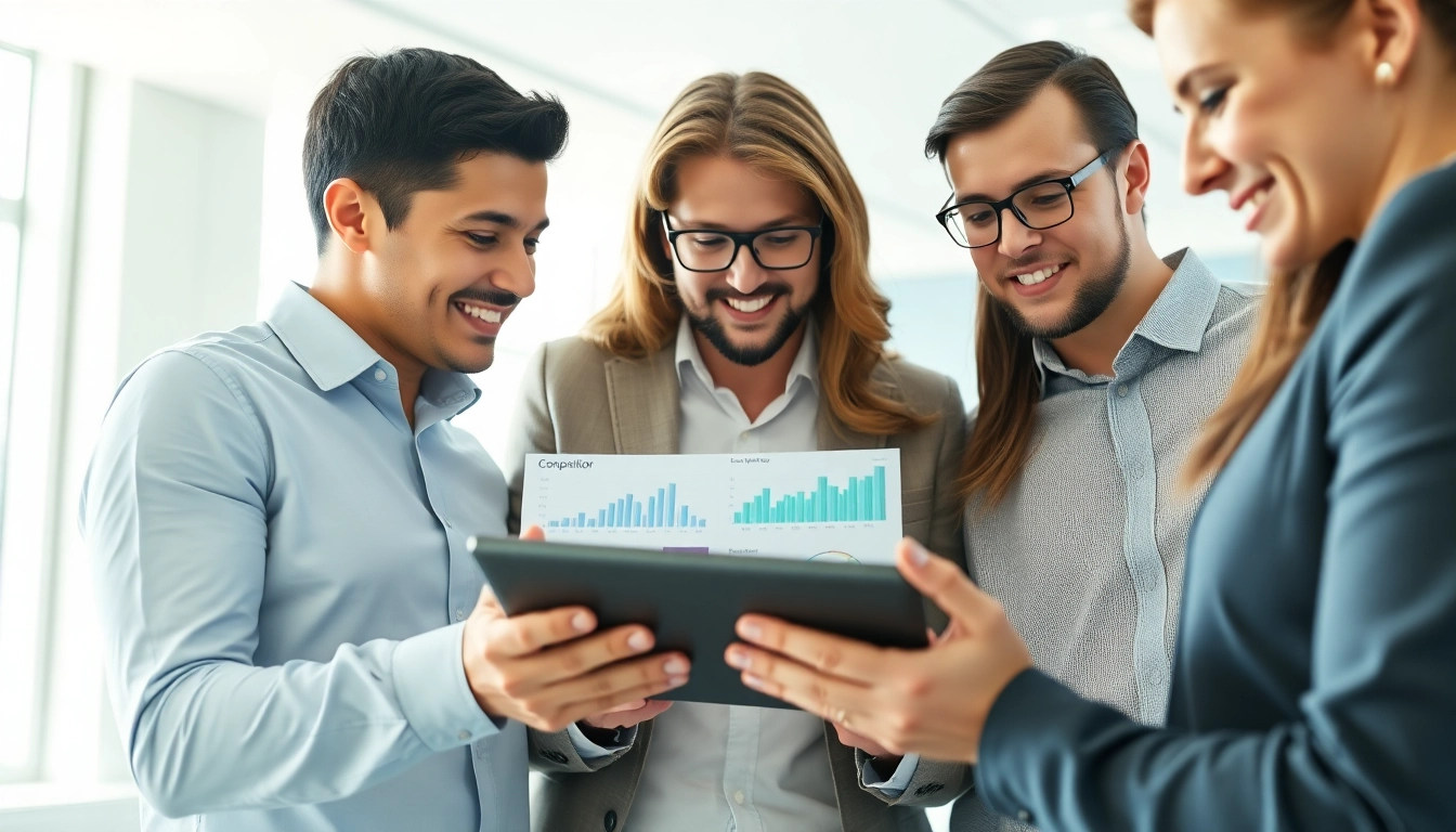 Collaborative team using AI for competitor analysis to gain insights on competitors.