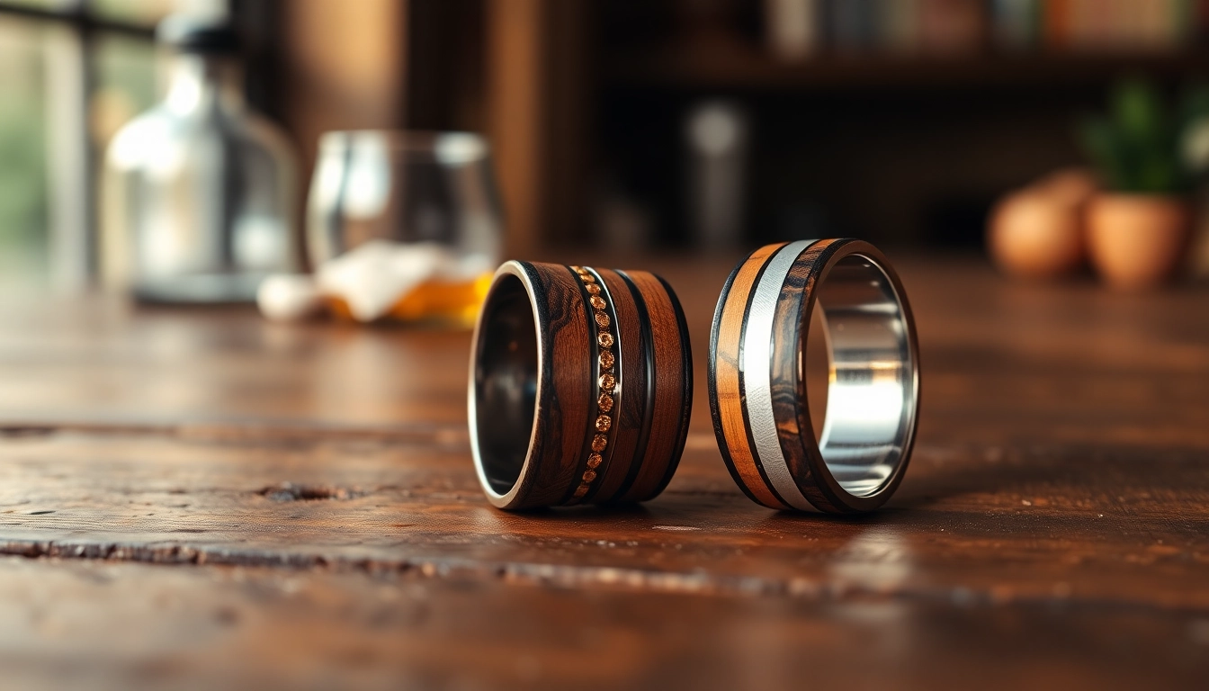 Exquisite Whiskey Barrel Wedding Bands highlighting unique wood textures and craftsmanship.