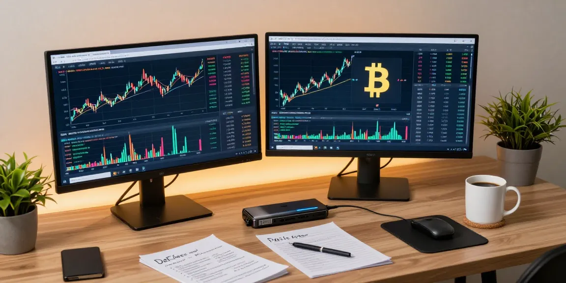 Secure cloud mining platform setup with cryptocurrency trading charts, hardware wallet, and DeFi analytics in a modern workspace.