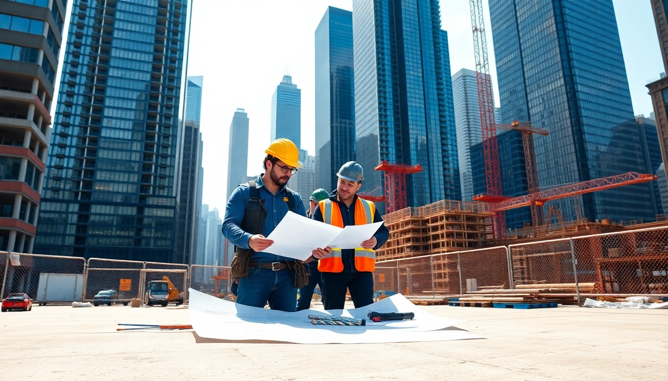 Manhattan General Contractor managing a lively construction site with teamwork and urban skyline.