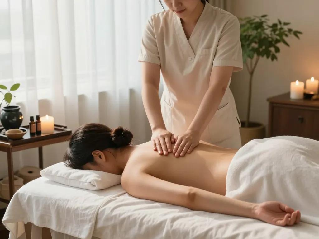 평화로운 스파에서 치료사와 고객이 함께하는 편안한 논현동 마사지 치료 장면.