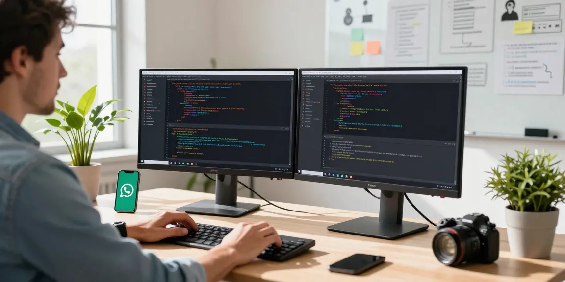 Interactive tech workspace featuring WhatsApp下載 on screens, showcasing a modern coding environment.