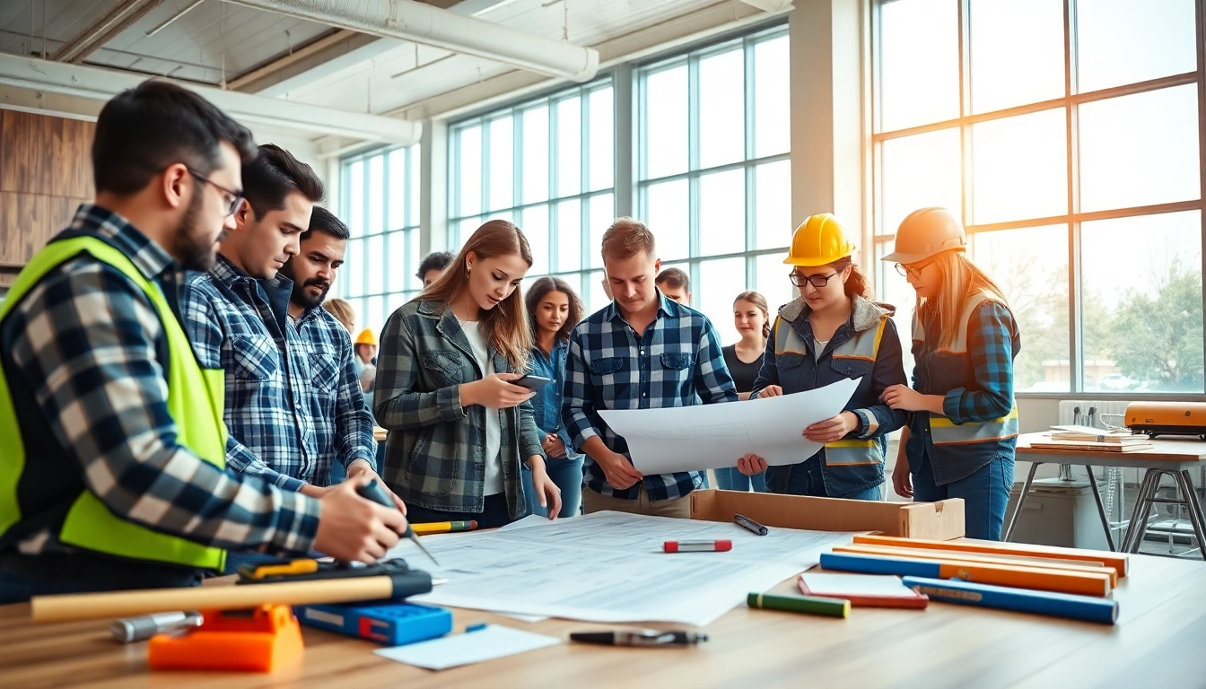 Participants in a construction training session collaborating with tools and plans.