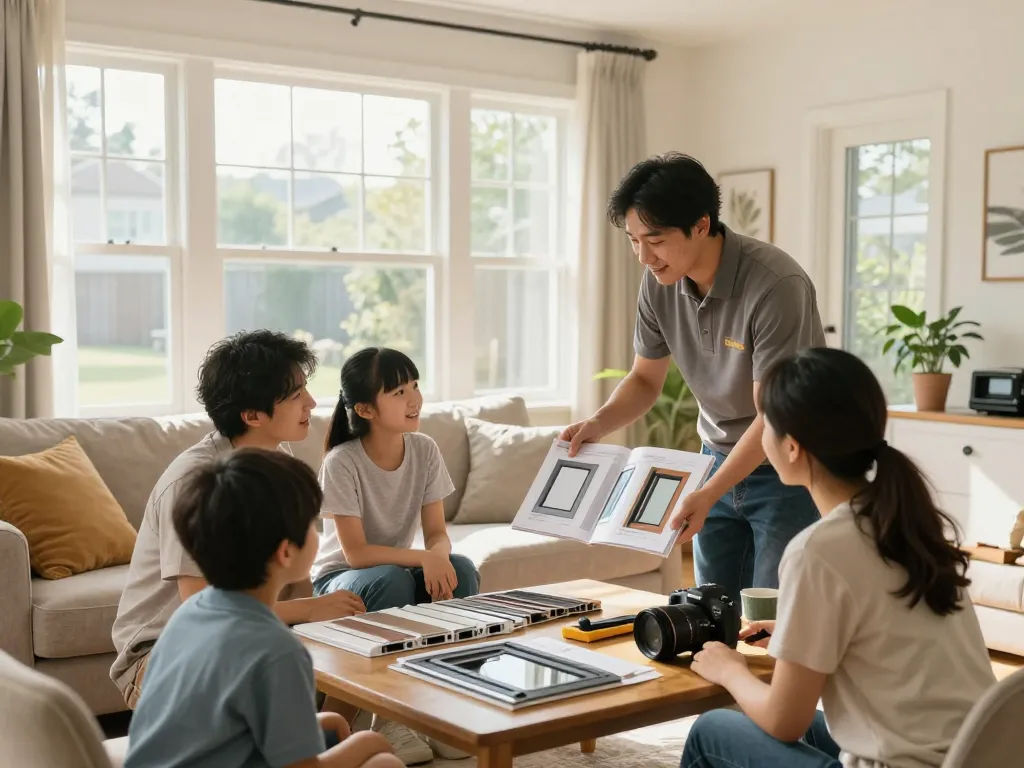 Window contractors discussing energy-efficient options in a bright living room.