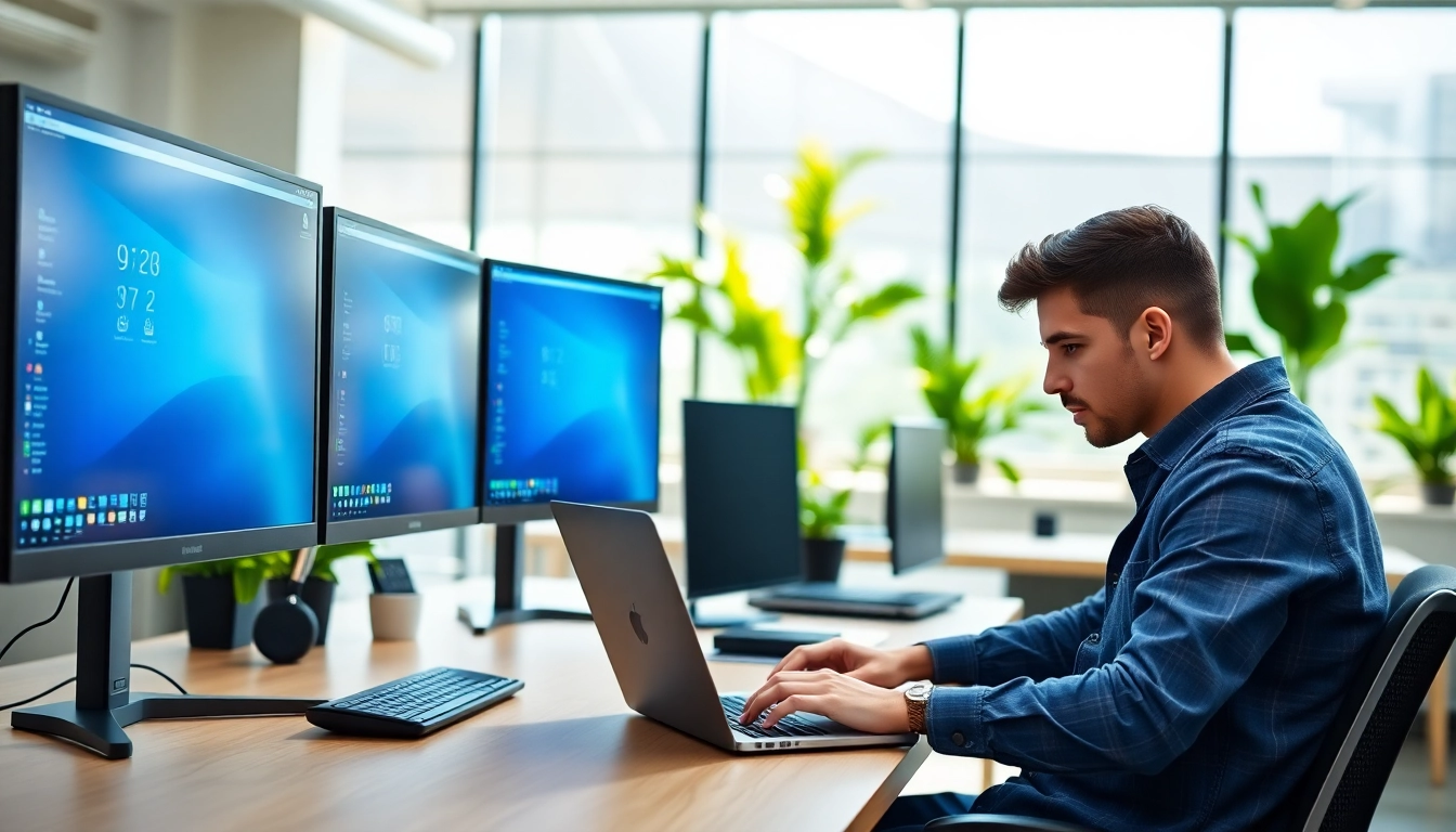 Showcasing a Virtual Desktop Infrastructure (VDI) setup with multiple screens and a professional workspace.