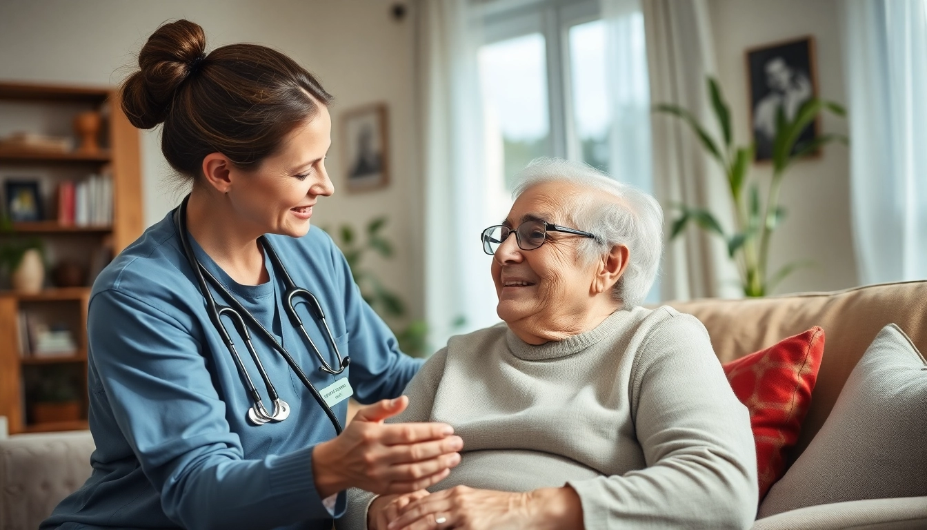 Caregiver providing in home respite care in a cozy living room setting, highlighting compassion and support.