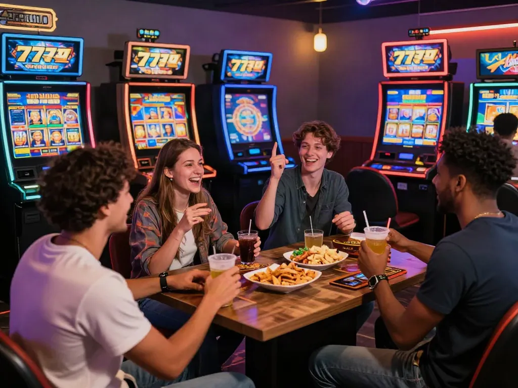 Bermain slot777 dengan teman-teman di lounge permainan yang cerah dan meriah.