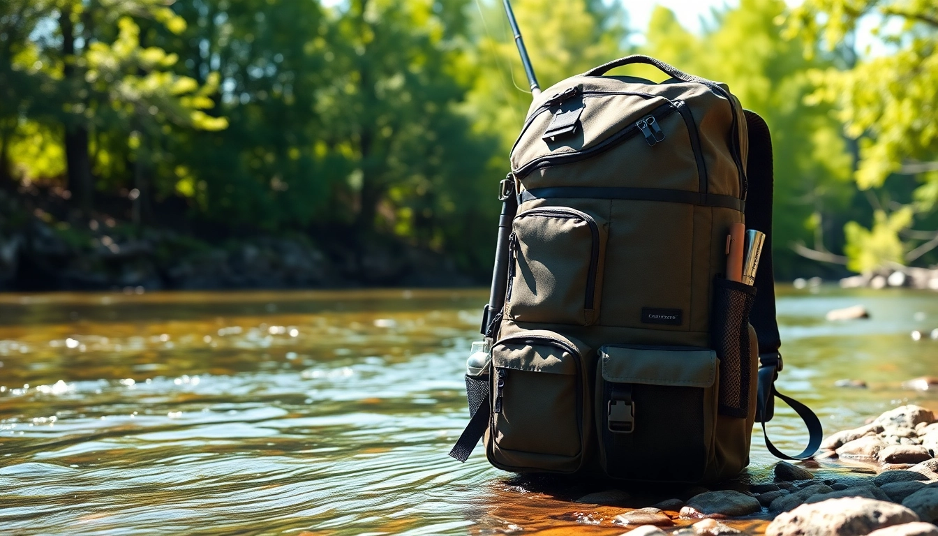 Fly fishing backpack displayed with gear in a scenic outdoor setting.