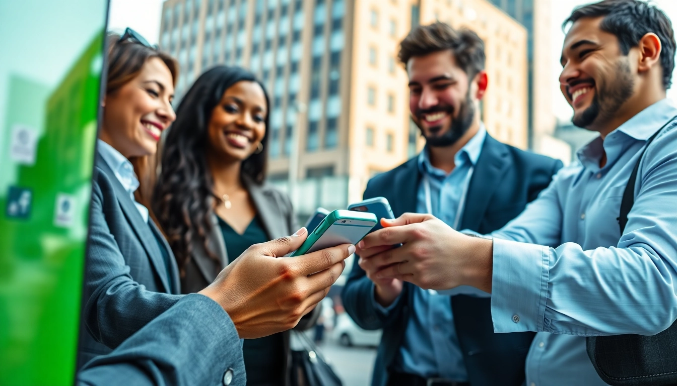 Exchanging smartphones for immediate phone cash in an urban setting, showcasing a satisfying trade-in experience.