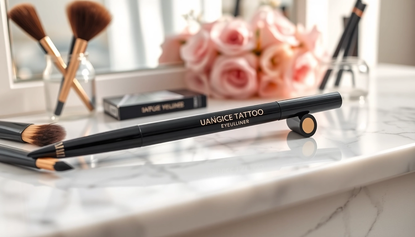 Enhance your look with the tattoo eyeliner pen, beautifully designed on a marble vanity.
