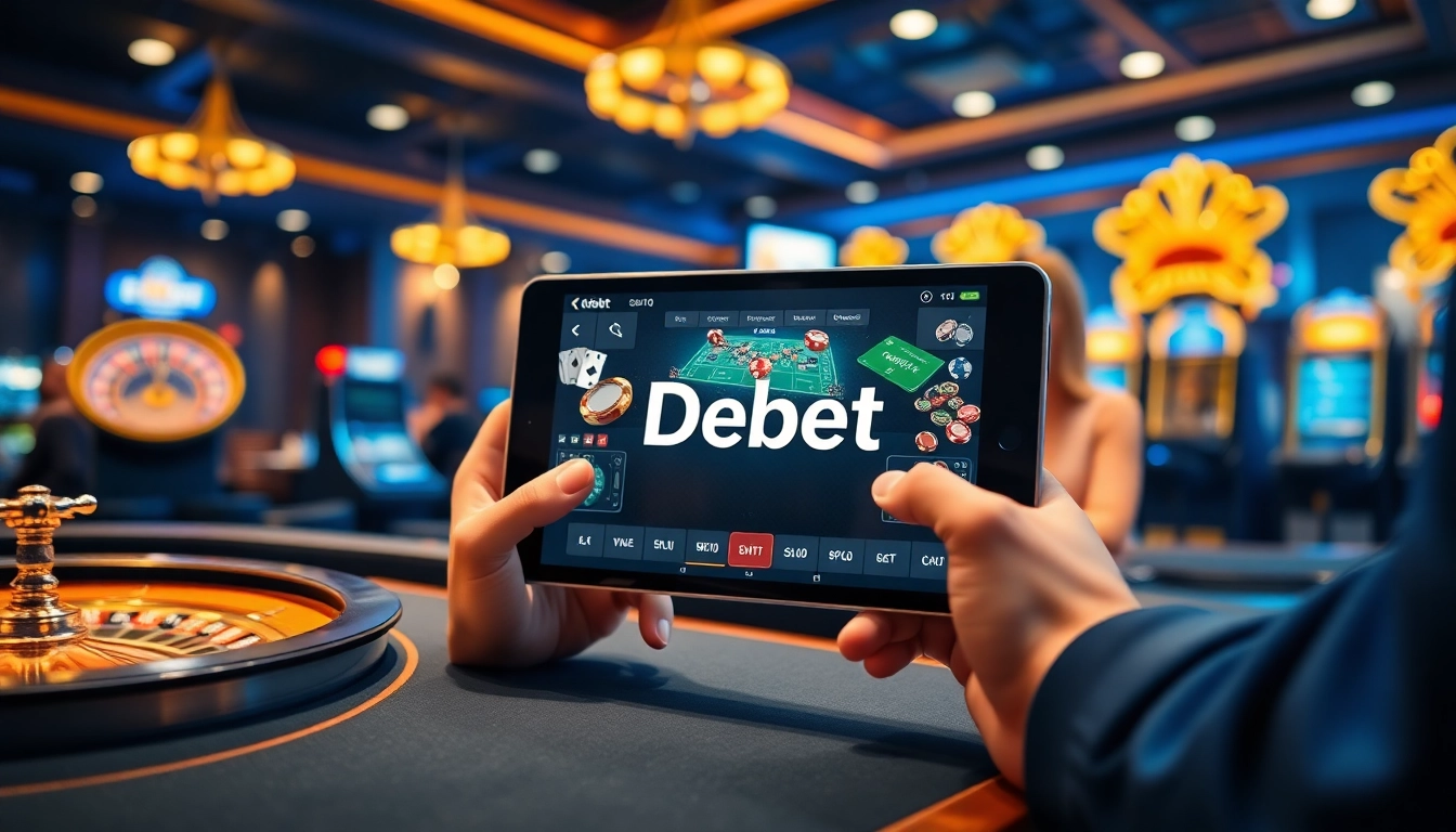 Engaged gamblers enjoying online gaming with Debet on a sleek tablet amidst luxurious casino elements.