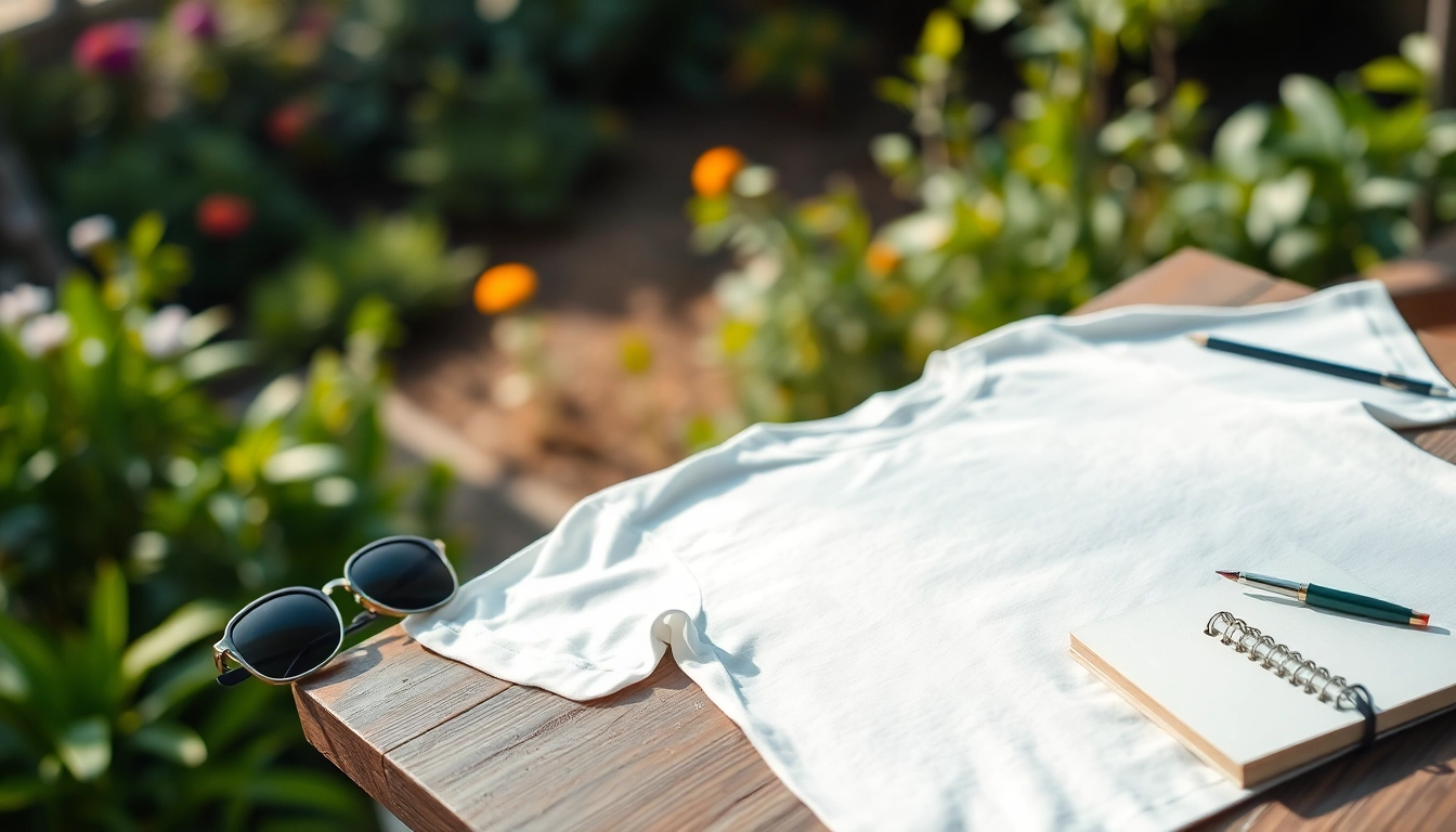 Showcase a blank white t shirt on a wooden table in a serene garden setting.
