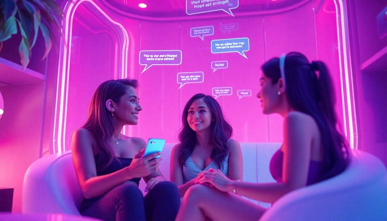 Engaging AI sexting interaction in a vibrant digital chat room with diverse avatars.