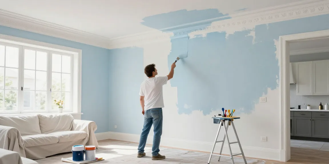 Interior painters Sarasota County FL refreshing a bright living room with high ceilings and detailed woodwork.
