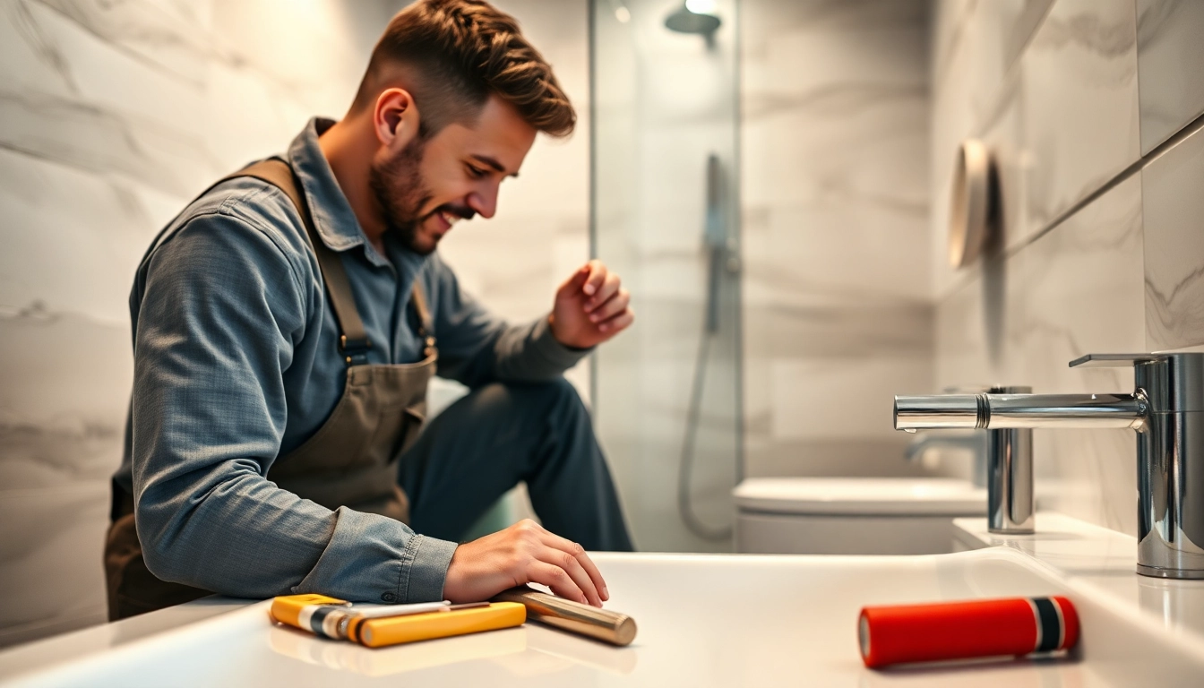 Erfahrene Handwerker von sonni sanitär GmbH renovieren ein modernes Badezimmer mit eleganten Sanitäreinrichtungen.