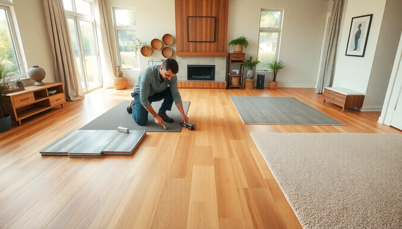 Installing beautiful flooring in a modern living room with natural light and wooden textures.