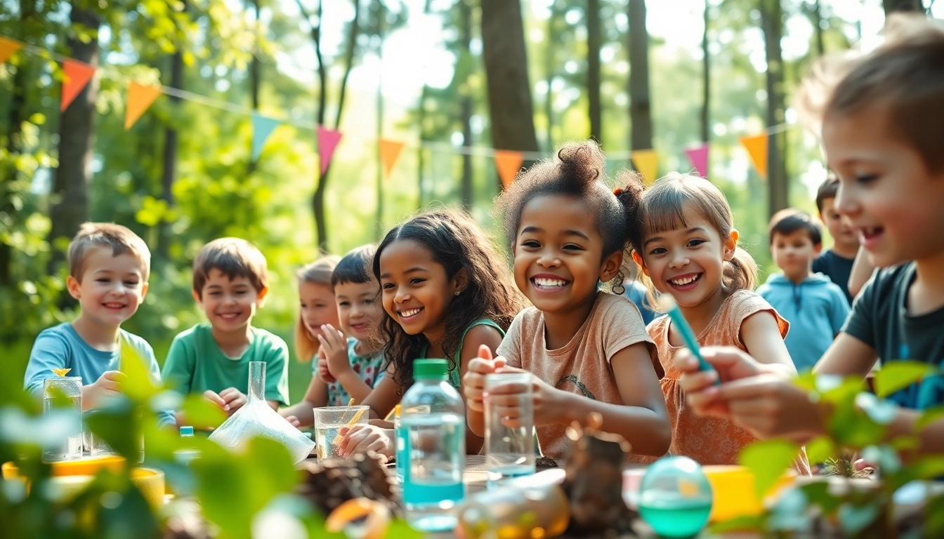 Kids participating in a science and nature camp, engaging in STEM activities amidst a natural setting.