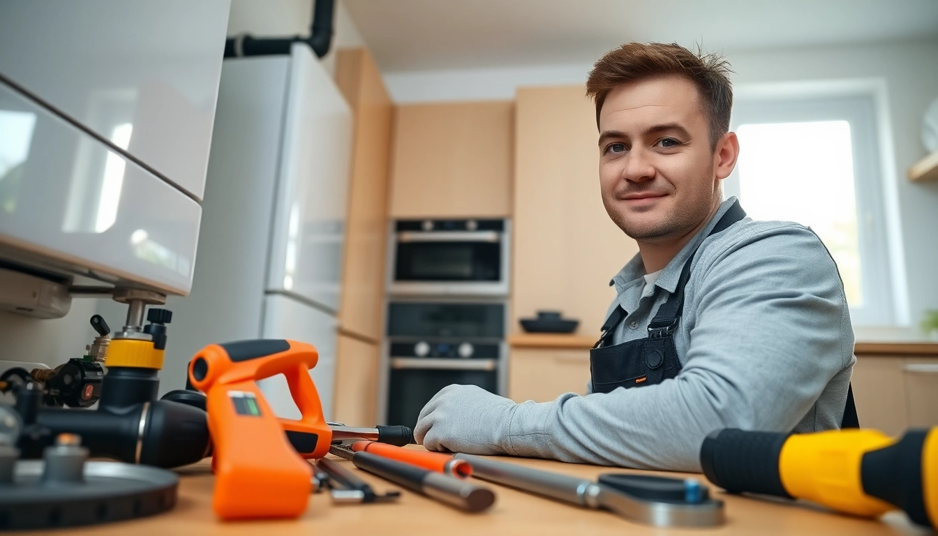 Gas engineer bristol performing a boiler installation in a modern kitchen setting.