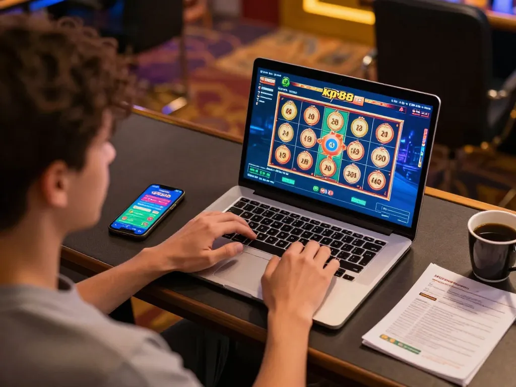 Engaging in kp88 online gaming with dynamic slot action on laptop and strategic notes.