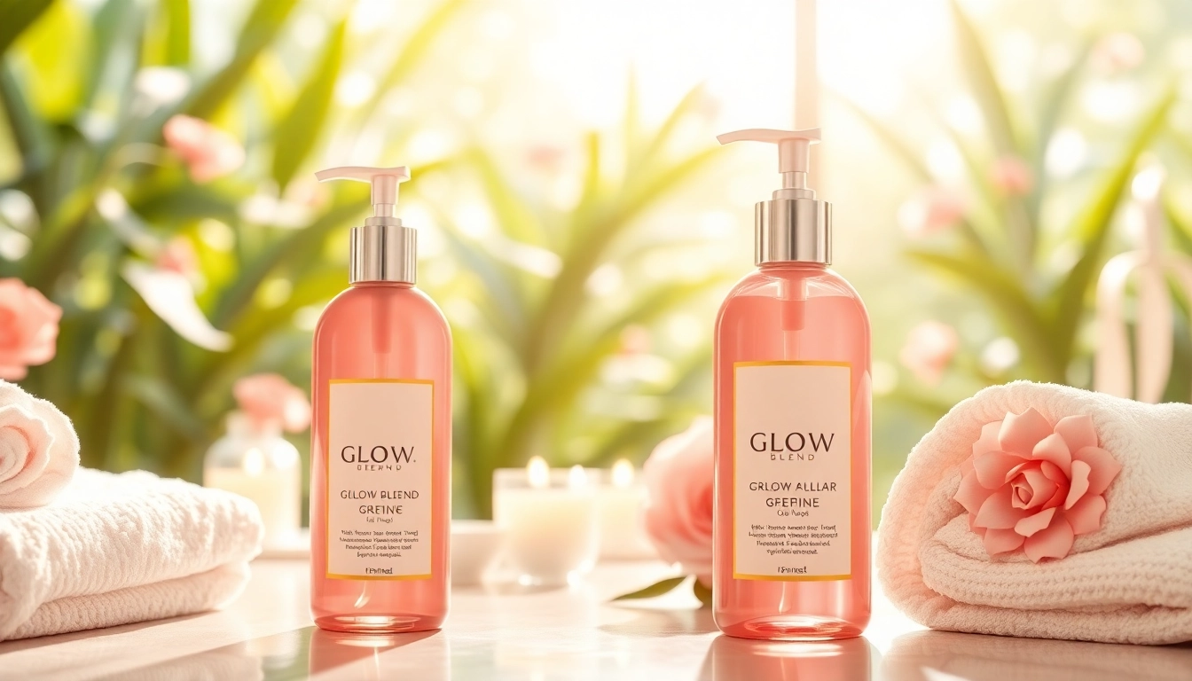 Showcasing Glow Blend products on a spa-like setting with elegant bottles and natural lighting.