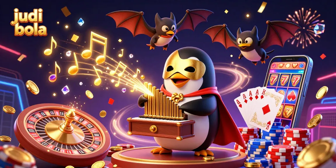 Experience judi bola excitement with our vibrant casino illustration featuring a playful penguin and golden coins.