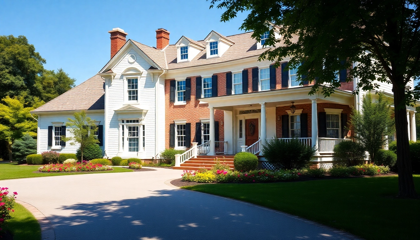 A beautiful colonial home build featuring traditional architecture and lush landscaping.
