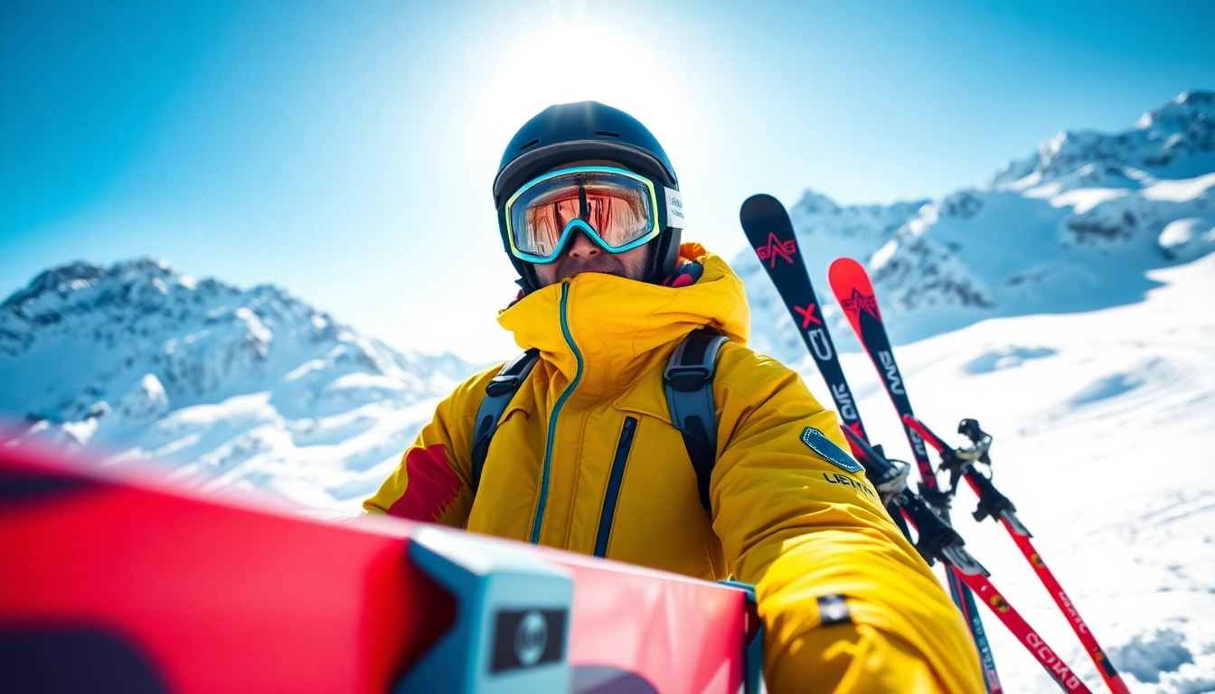 Explore the best place to buy ski gear Massachusetts, featuring vibrant skiing equipment amidst snowy mountains.