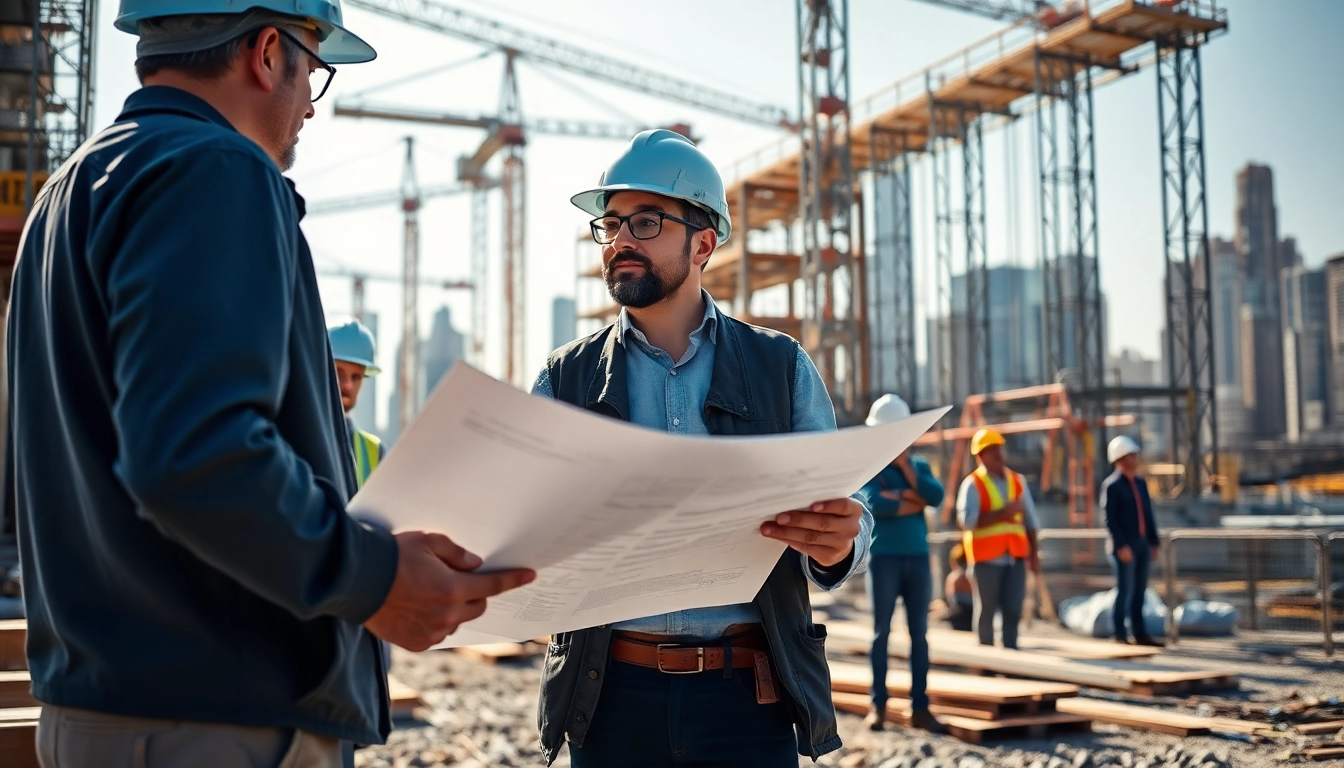 New York General Contractor supervising a construction project with workers and blueprints.