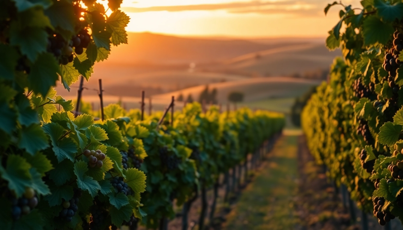 Breathtaking view of clarksburg wineries with lush vineyards and golden sunset.