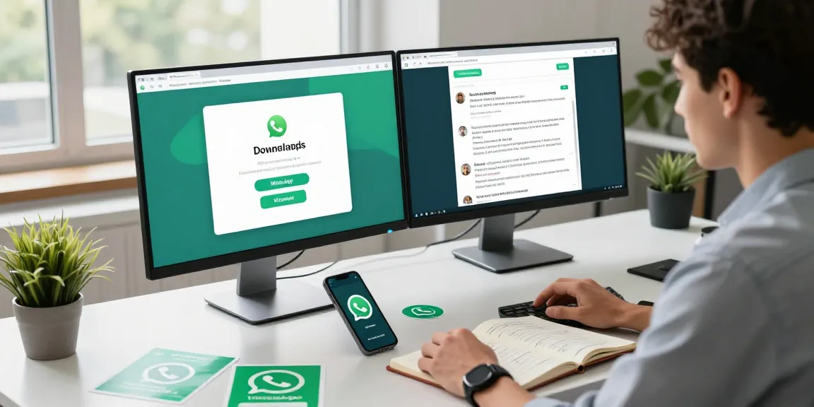 WhatsApp下載 download process illustrated in a modern workspace with dual monitors and tech elements.