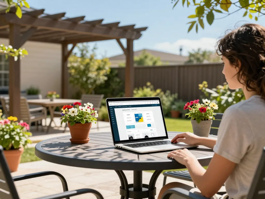 Homeowner using an online pergola configurator at a stylish patio table among vibrant flowers.
