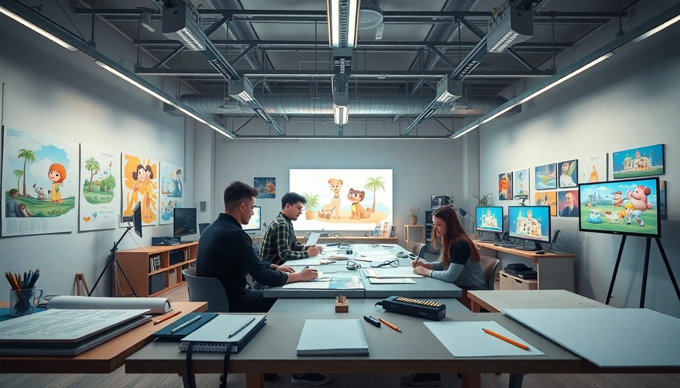 Animationsagentur im kreativen Studio mit Designer, die an Projekten arbeiten