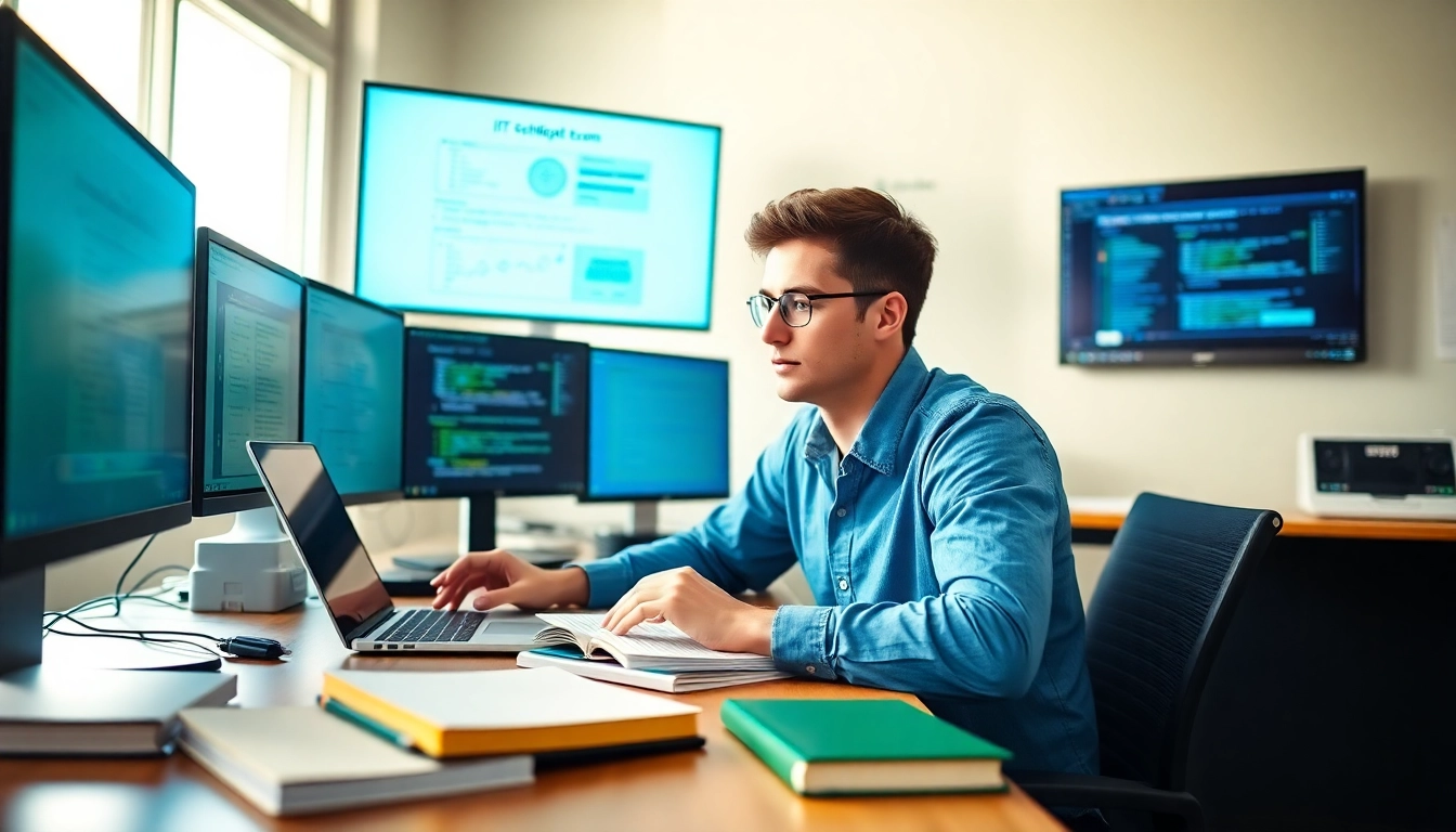 Focused student studying to pass IT certification exams in a bright study environment.
