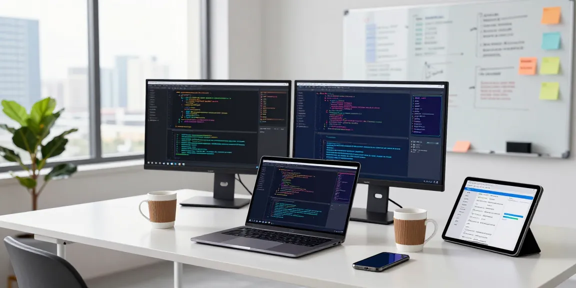 纸飞机下载 software development setup with coding screens and collaborative tools in modern workspace