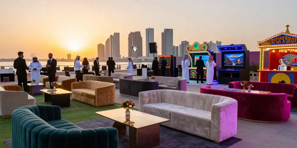 Corporate event setup with premium furniture rental ksa, showcasing stylish décor and vibrant engagement.