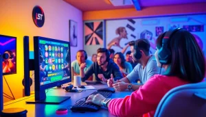 Mainkan togel online dengan antusias di depan layar komputer, dikelilingi pemain lain.