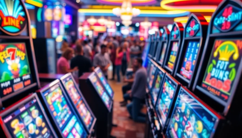 Menggambarkan pengalaman bermain situs slot dengan mesin slot cerah dan pemain bersemangat.