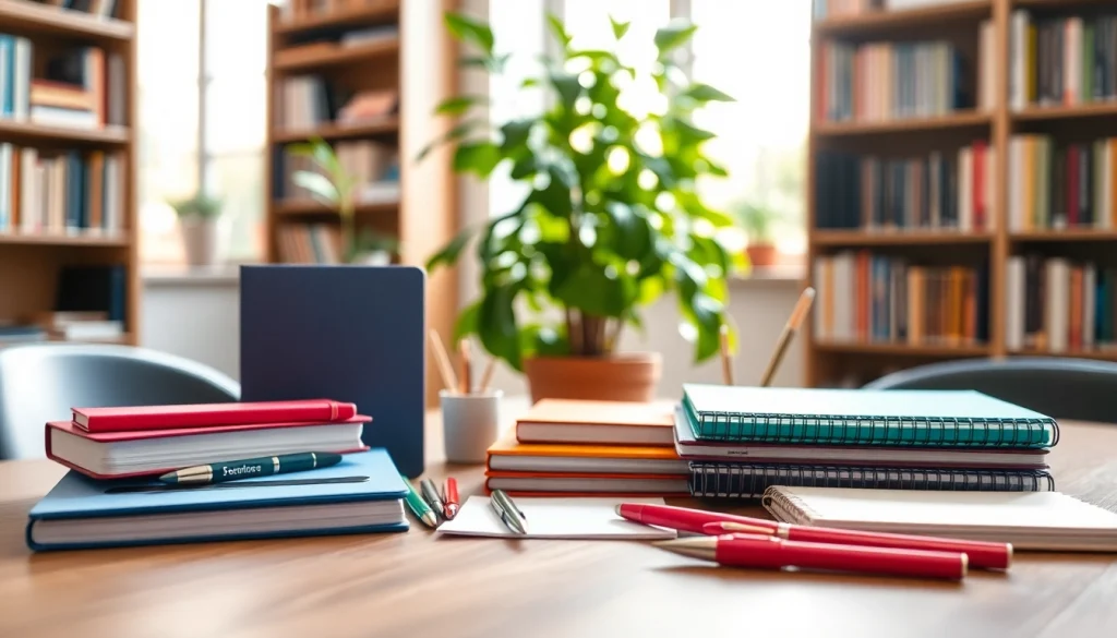 Showcase of vibrant stationery supplies uk in a professional office setting, highlighting variety and color.