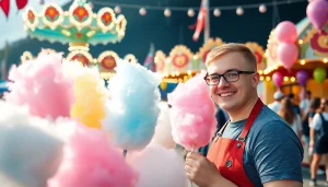 Bereid wafel katoen met verschillende smaken op een levendig festival, met een glimlachende verkoper.