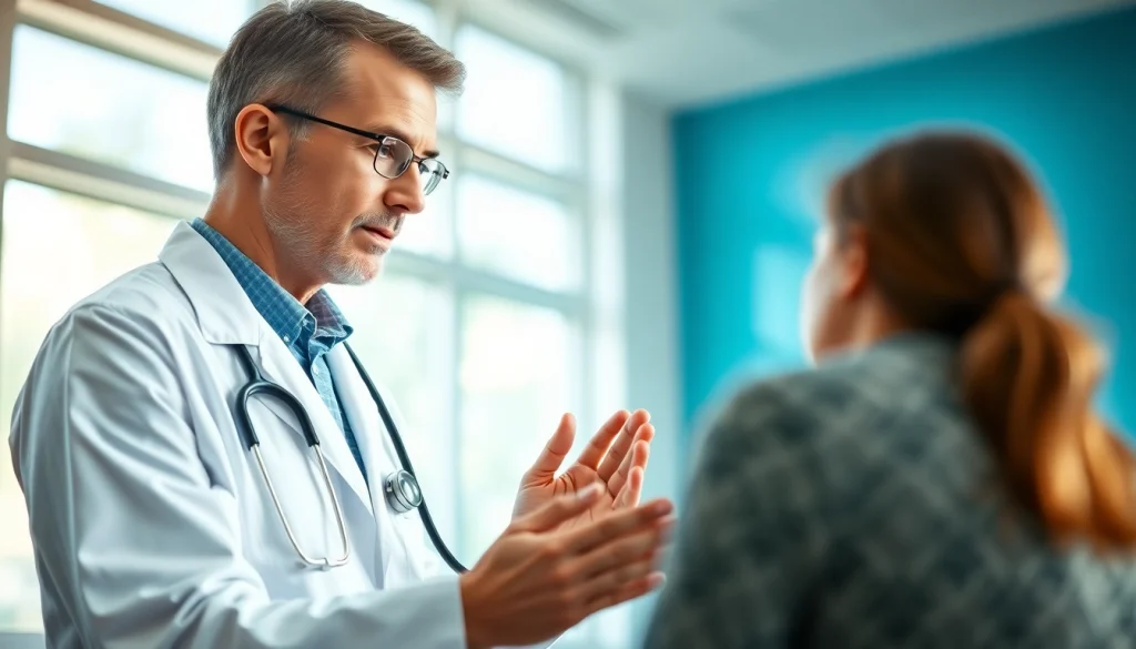 Health expert attentively listens to a patient in a bright clinic, promoting trust and well-being.