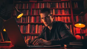 Action thriller author intensely writing in a dramatic, shadowy environment.