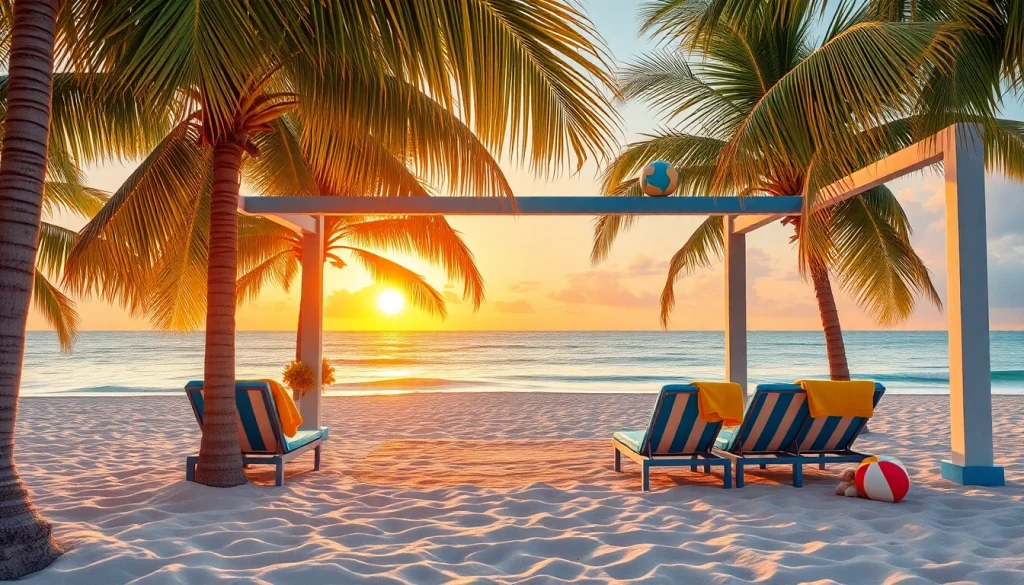 Enjoy a relaxing coastal cabana with palm trees and beach chairs during sunset.