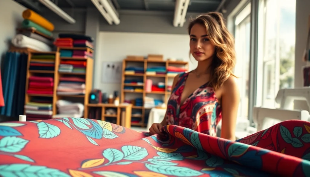 Punta di Roma stof gepresenteerd door een modeontwerpster in een levendige studio.