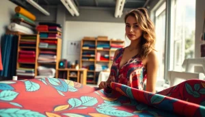 Punta di Roma stof gepresenteerd door een modeontwerpster in een levendige studio.